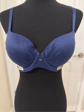 Victoria's Secret Navy Blue Padded Underwire Bra with Lace Side Panels